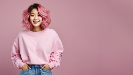 An Asian woman wearing pink sweatshirt isolated on pastel background
