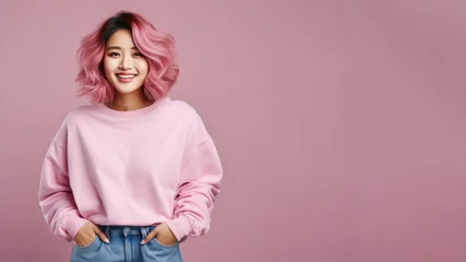 Foto op Aluminium An Asian woman wearing pink sweatshirt isolated on pastel background © Aris