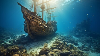an underwater wonderland with a wooden shipwreck on the ocean floor, its intricate details a testament to the craftsmanship of the past - obrazy, fototapety, plakaty