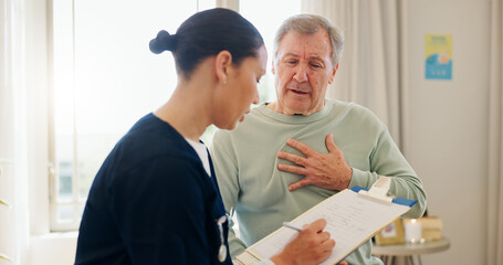Nurse, clipboard and senior man with heart pain, chest problem or cardiovascular lung fail,...