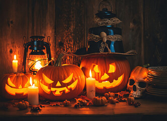 A Creepy Glow. Candlelit Jack-o-Lanterns for a Festive Halloween Night. Generative AI.
