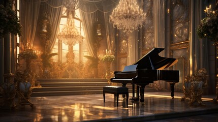 captivating scene of a grand piano in a candlelit, opulent ballroom, with its glossy finish...