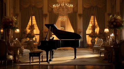 captivating scene of a grand piano in a candlelit, opulent ballroom, with its glossy finish...