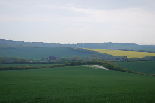 Overcast Sky Stormy Grey Clouds English British Rolling Lush Green Hill Countryside Fields & Farmland Travel Photography Landscape Vista Bright Shades & Tones of Green & Yellow