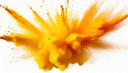 bright yellow orange holi paint color powder festival explosion burst isolated white background...