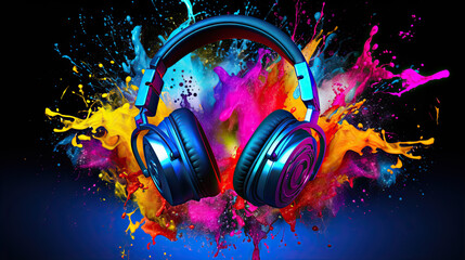 Headphones over Neon splashing wih vibrant colours, dynamic music blaster - obrazy, fototapety, plakaty