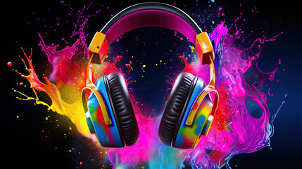 Headphones over Neon splashing wih vibrant colours, dynamic music blaster - obrazy, fototapety, plakaty