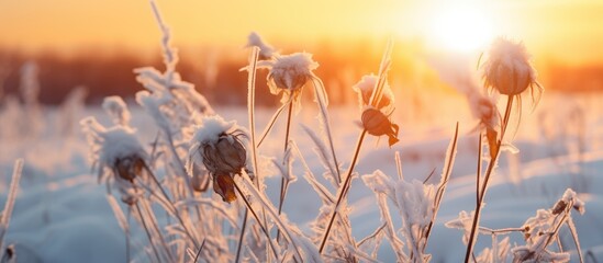 Snow covered dried flowers glistening in winter sun