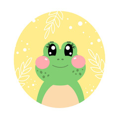 Yellow sticker of cartoon kawaii cute frog face, head for children isolated on white background	