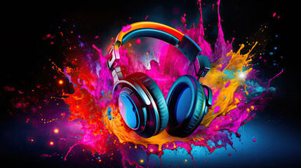 Headphones over Neon splashing wih vibrant colours, dynamic music blaster