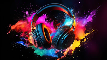 Poster Headphones over Neon splashing wih vibrant colours, dynamic music blaster © Ziyan Yang