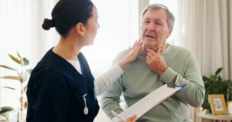 Nurse, clipboard or senior man with neck pain, throat cancer or check laryngitis problem, anatomy...