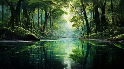 Picture a mirrored lake reflecting a lush, emerald forest, where every leaf and tree is captured in perfect detail