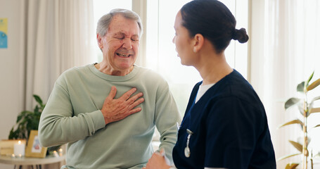 Senior man, nurse and consulting on chest pain, heart problem or cardiovascular lung crisis....