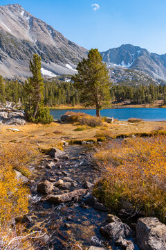 Hiking in Little Lakes Valley in the Eastern Sierra Nevada Mountains outside of Bishop, California. Alpine lakes, fall leaf colors, snow capped mountains and evergreen trees combine to make a pictures