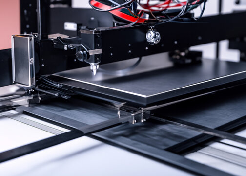 3d printing machine in operation, closeup with shallow depth of view, created with generative ai technology
