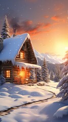 Fototapeta premium A cabin in the middle of a snowy forest.