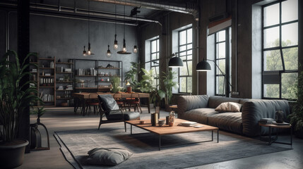 Room in loft style. Living room loft in industrial style, 3d render. Real estate concept. - obrazy, fototapety, plakaty