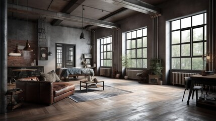Fototapeta na wymiar Room in loft style. Living room loft in industrial style, 3d render. Real estate concept.