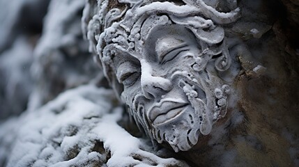 Close-up of frosty patterns on a weathered stone statue.