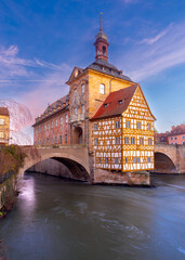 Bamberg. Old medieval town hall on the bridge at sunset.