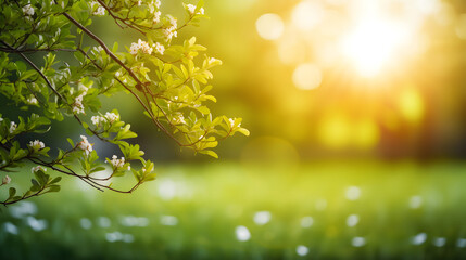 Obraz premium a springtime product presentation background showing some freshly budding tender branches and bokeh filtered sunlight; with room for text