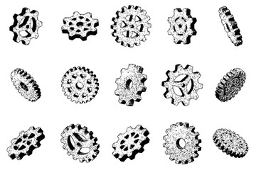 Icon set of various angles and types of gears.  Rusty grunge surface parts black vector illustration. - obrazy, fototapety, plakaty