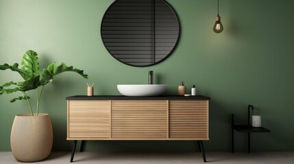 Close up of sink with oval mirror standing in on green wall , wooden vanity with black faucet in minimalist bathroom. Side view. 
