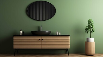 Close up of sink with oval mirror standing in on green wall , wooden vanity with black faucet in minimalist bathroom. Side view. 