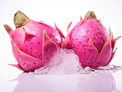 Two Pink Dragon Fruit Sitting On Top Of Ice.