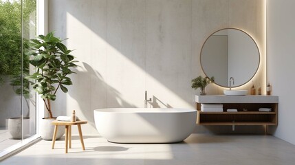Modern bathroom with marble basin, vanity and round mirror, a round bathtub, and a sleek concrete floor. - obrazy, fototapety, plakaty