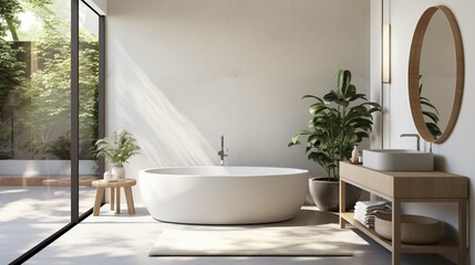 Modern bathroom with marble basin, vanity and round mirror, a round bathtub, and a sleek concrete floor.