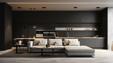 Modern interior design of apartment, kitchen, empty living room with black wall, panorama. 