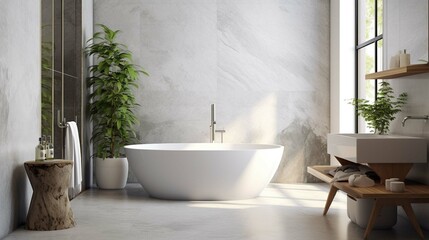 Modern luxury bathroom, white marble walls, bathtub, concrete floor, indoor plants, toilet, bidet, front view. Beautiful room with modern furniture and window. 