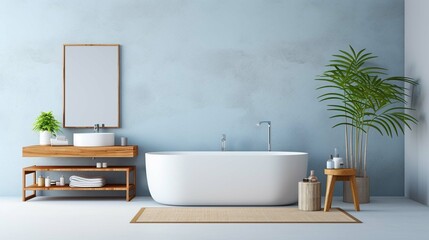 Modern minimalist bathroom interior, modern bathroom cabinet, white sink, wooden vanity, interior plants, bathroom accessories, bathtub and shower, white and blue walls, concrete floor.