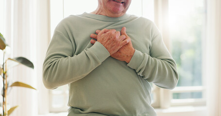Heart attack, cardiology and person hands on chest with pain, sick and cardiovascular healthcare....