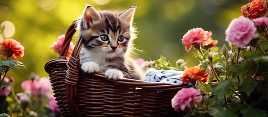 Tiny adorable cat in a basket on the flowery ground - obrazy, fototapety, plakaty