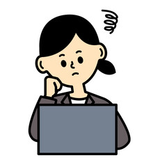 ビジネス　仕事　コンピューター　困る　悩む　女性　スーツ　イラスト