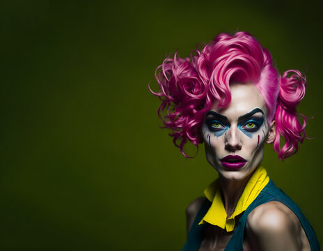 Portrait of a sensual but scary female clown with pink hair