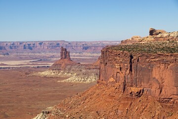Canyonlands National Park offers breathtaking views of eroded canyons, rocky mesas and strange buttes in the area where the Green River and Colorado River meet in their canyons far below