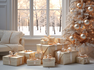 White Christmas room with gold presents and Christmas tree, background, social media mockup