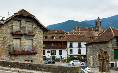 View of Hecho village in Pyrenean mountains Huesca Spain Europe