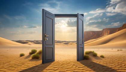 opened door on desert unknown and start up concept this is a 3d illustration