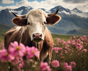 A cow standing in a field of pink flowers. Generative AI.