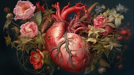 Painterly art illustration of an anatomical heart surrounded by flowers, grasses, and leaves, with dark moody light, inspired by Baroque and Dutch Golden Age art styles