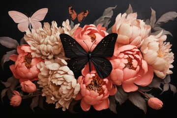 Decadent painterly illustration of a beautiful butterfly surrounded by peonies on a dark background