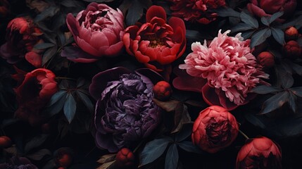 Painterly floral illustration, decadent peony flower arrangement inspired by Baroque and Dutch Golden Age art styles