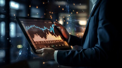 Business man holding tablet and showing holographic graphs and stock market statistics gain profits. Concept of growth planning and business strategy. Display of good economy form digital screen