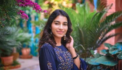portrait of a beautiful moroccan girl on the background of a tropical garden