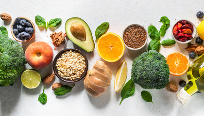 healthy food background on white long banner format